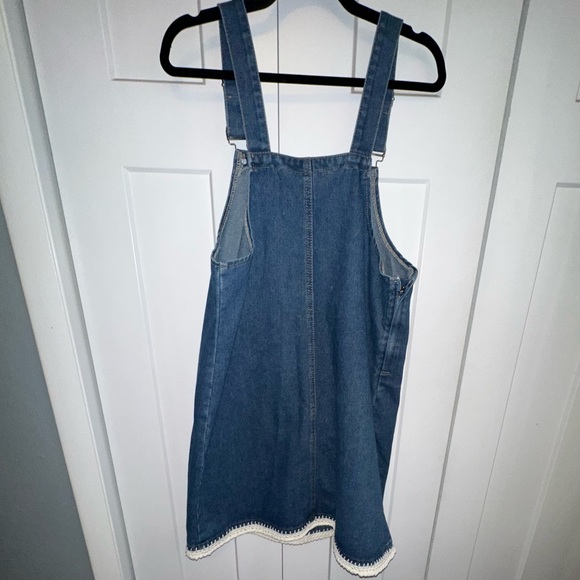 Adorable Hand Embellished Denim Overall Dress with Cream Crochet Detail - M/L - Picture 3 of 9